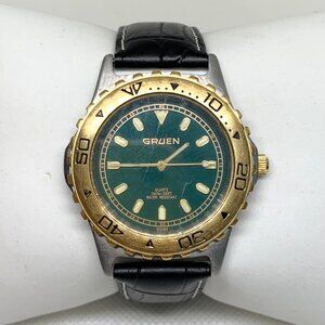 Vintage Gruen men’s watch Swiss parts green dial 38mm  quartz leather running